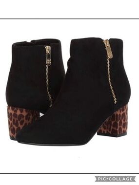 Bandolino Lila Booties 8 Black Animal Print Block Heel Faux Suede